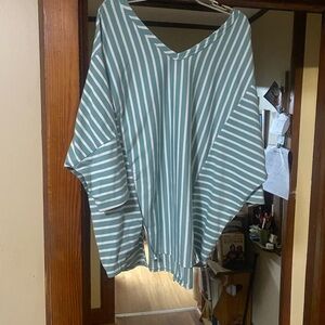 Chic Teal and White Striped V-Neck Women's Tunic
